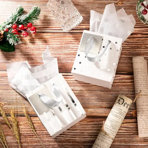 Miniatura 5 de Tenare 12 bolsas de regalo pequeñas, mini bolsa de papel metálica a granel con asa de papel de seda para envoltura de regalo, día del padre, Blanco
