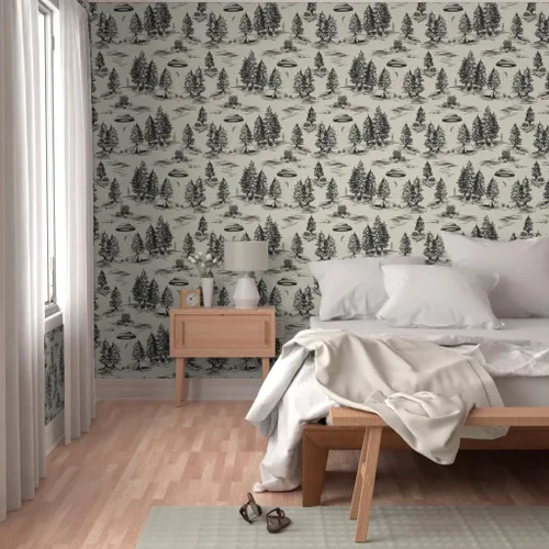 Miniatura 5 de Spoonflower Papel Tapiz Despegar y Pegar Muestra - OVNI Grande Negro Toile De Jouy Abducción Alienígena Espacio Acampada Papel Tapiz Removible