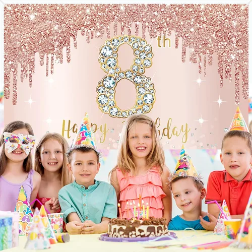 Miniatura 5 de Decoraciones de Fondo de Pancarta de Feliz 8vo Cumpleaños para Niñas, Suministros de Cartel de Fiesta de Cumpleaños 8 de Oro Rosa, Póster de Fondo