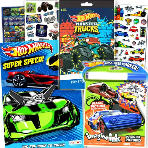 Hot Wheels - Juego de libros para colorear para niños, paquete con libros de actividades de automóvil Hot Wheels, almohadillas adhesivas, Hot Wheels