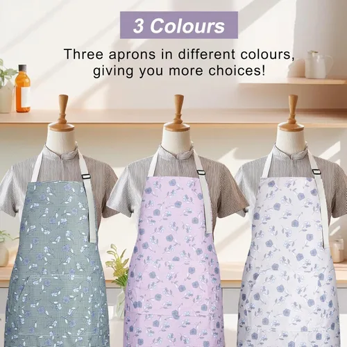 Miniatura 4 de Paquete de 3 delantales florales impermeables para mujer, correa ajustable con bolsillo, multiusos para cocina, arte, jardín