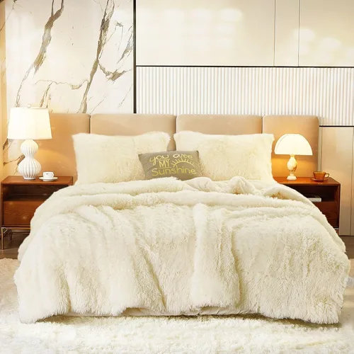Juego de edredón de lujo de pelo sintético lanudo tamaño matrimonial/queen, edredón reversible de felpa y sherpa, color beige, juego de ropa de cama