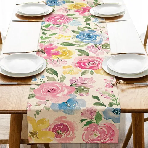 Miniatura 10 de Seliem Camino de mesa de flores florales amarillas primaverales, peonía rosa, acuarela, decoración de mesa de comedor, arpillera de verano