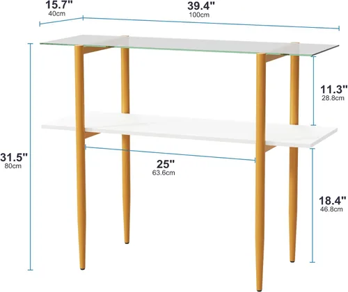 Miniatura 2 de Furnify Mesa de sofá de vidrio, mesa de entrada de estilo moderno de mediados de siglo con vidrio templado y patas doradas, mesa de 2 niveles detrás