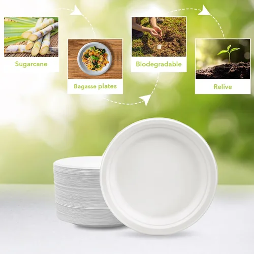 Miniatura 4 de three leaf Plato redondo de bagazo de 10 pulgadas, 25 unidades, platos de bagazo desechables, resistentes, súper fuertes, naturales y ecológicos