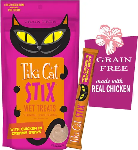 Miniatura 4 de Tiki Cat Stix - Golosinas húmedas sin granos, mezcla suave y sedosa en salsa cremosa, pollo, salmón y pato con toallitas para mascotas de 10