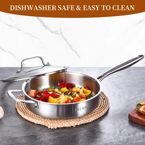 Miniatura 4 de DELARLO Sartén de Acero Inoxidable de Tres Capas de 3QT con Tapa, Sartén Profunda de 12 Pulgadas, Sartén Grande de Inducción, Sartén de Cocina, Apto
