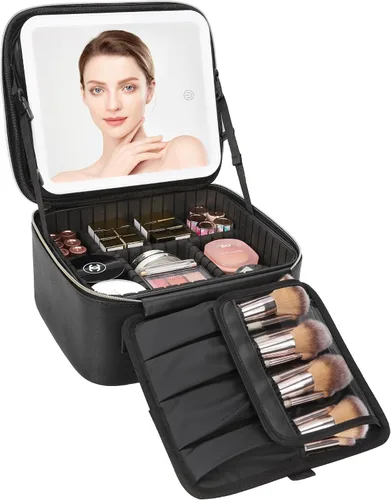 Miniatura 14 de Relavel Estuche de maquillaje con espejo LED, 01-Negro, Bolsa de maquillaje de viaje con espejo LED para niñas