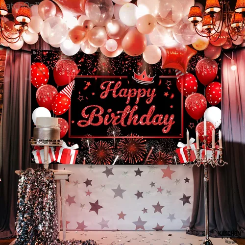 Miniatura 6 de KatchOn, Cartel de feliz cumpleaños negro y rojo, grande, 72 x 44 pulgadas, telón de fondo para decoraciones de feliz cumpleaños, pancarta roja