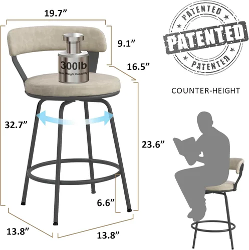 Miniatura 2 de Juego de 2 taburetes de bar de 24 pulgadas, taburetes giratorios de cuero con respaldo, color beige