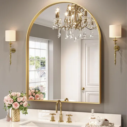 Miniatura 17 de Brightify - Espejo arqueado dorado de 24 x 32 pulgadas, espejo de pared con marco de metal de latón para baño, espejo arqueado superior para tocador