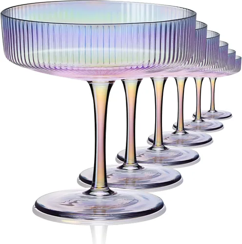 Juego de 6 vasos de Martini iridiscentes, copas de champán Coupé, sopladas a mano, vintage acanalado, cóctel para margarita, whisky, postre, 7 onzas