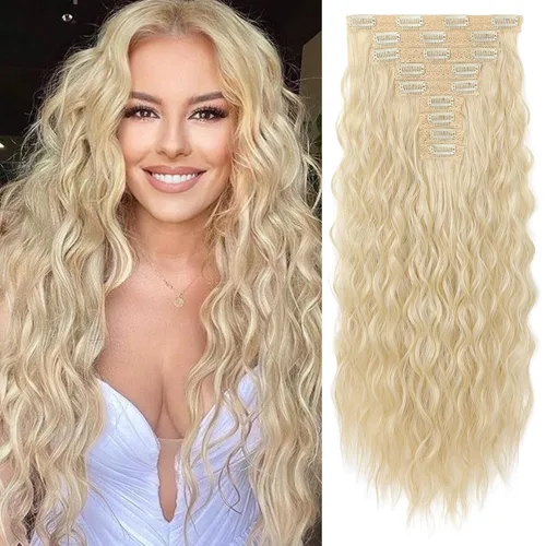 Miniatura 32 de REECHO Extensiones de cabello con clip, 5 piezas, de 24 pulgadas, de color rubio ceniza, extensiones de cabello con ondas largas y sueltas, HE002