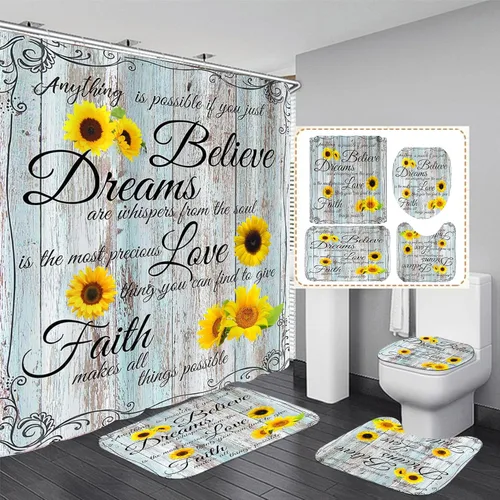 Miniatura 9 de AZHM 4 piezas Juegos de Cortinas de Ducha con Citas Inspiradoras con Alfombras, Juego de Decoración Floral de Baño con Cortina de Ducha y Alfombras