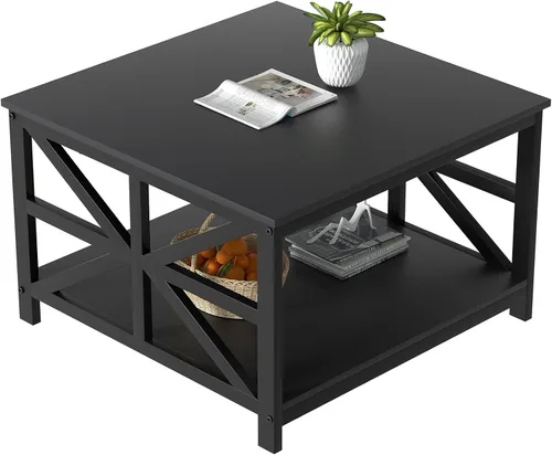 Miniatura 3 de GreenForest Mesa de café moderna para sala de estar con almacenamiento de 2 niveles, pequeña mesa central de granja cuadrada de madera y metal