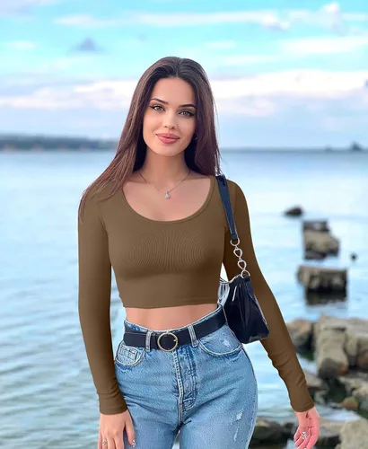 Miniatura 6 de OQQ Camiseta corta de 3 piezas para mujer, manga larga, cuello redondo, elástica, ajustada, para mujer