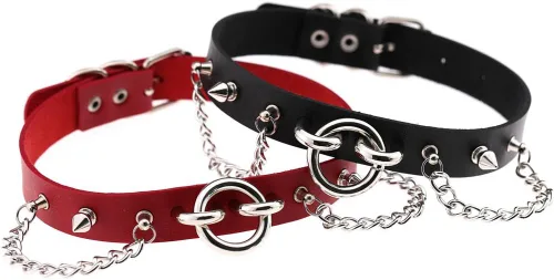 Miniatura 3 de Multicolor 0.75" Width PU Simulated Leather Rivets O Ring Chains Neckband Choker Necklace