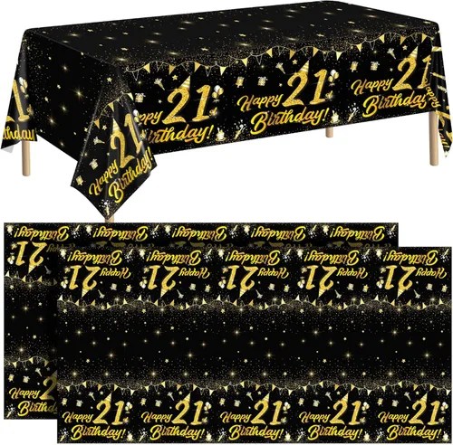 Miniatura 12 de durony Paquete de 2 manteles de cumpleaños, de plástico, color negro y dorado, impermeable, rectangular, para fiestas en interiores o exteriores