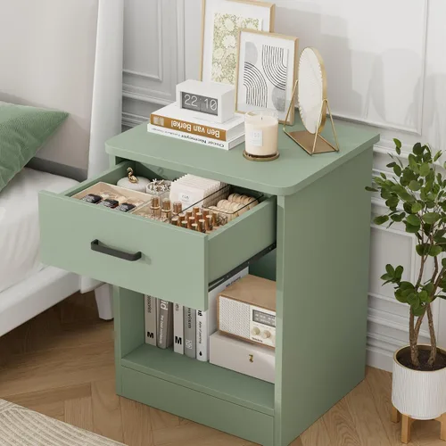 Miniatura 6 de FOTOSOK Juego de 2 mesitas de noche, mesa auxiliar de 2 niveles con cajón y estante de almacenamiento, mesa de noche, mesita de cabecera, mesita