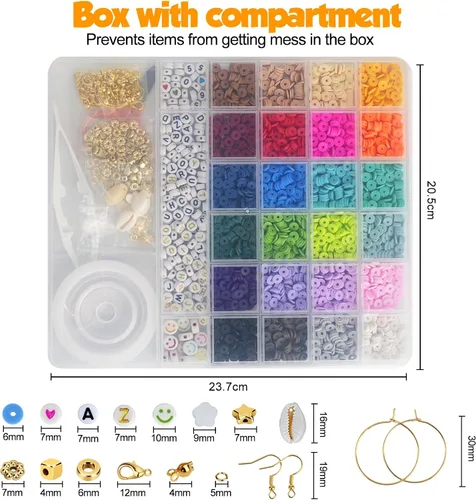 Miniatura 3 de JQEEYGV Kit de 5500 cuentas de arcilla para hacer pulseras, 24 colores, cuentas planas, para pulseras de amistad, con cuentas de letras, juego