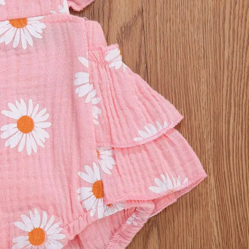 Miniatura 6 de Bebé Niñas Impresión Margarita Algodón Lino Volantes Sin Mangas Mameluco Mono Mono con Headaband Ropa Infantil Verano