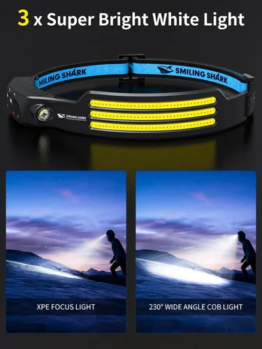 Miniatura 3 de Smiling Shark Linterna frontal LED, gran angular de 230°, 3 luces blancas, paquete de 2 unidades, la lámpara principal más brillante, recargable