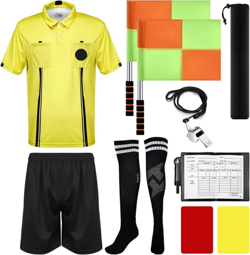 Hicarer Juego de 6 piezas de árbitro de fútbol para hombres, disfraz de árbitro de fútbol, camisa, banderas, tarjetas de silbato, accesorio