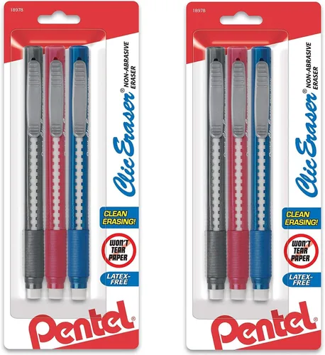 Miniatura 5 de Gomas de borrar de clic con mango estilo lápiz, surtidos, paquete de 3, Colores Variados Negro / azul