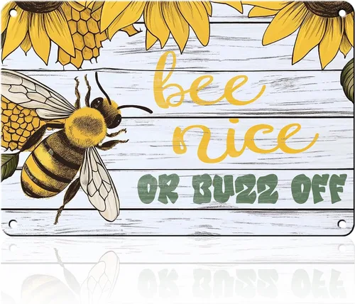 Letrero de metal vintage con texto en inglés "Bee Nice or Buzz Off", decoración de casa de campo, decoración rústica de granja para el hogar, 8 x 12