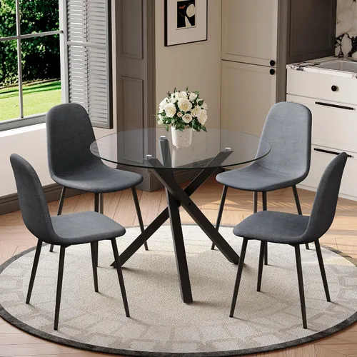 Miniatura 41 de Juego de mesa de comedor redonda para 6, juego de mesa de comedor de vidrio de 39 pulgadas con base de metal ajustable dorada en forma de X y 6