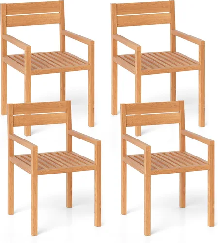 Miniatura 11 de Tangkula Silla de madera de teca para exteriores, sillón de comedor con asiento y respaldo de tablillas, muebles de asiento de madera maciza