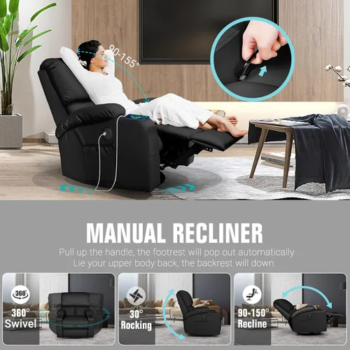 Miniatura 4 de LAFWELL Rocking Recliner Chair, Massage Rocker with Vibration Massage and Heat, USB and Type-C Ports, 360 Swivel Faux Leather Chair for Living Room