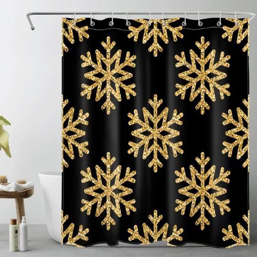 Miniatura 13 de LB Cortina de ducha de Feliz Navidad, bola de Navidad blanca y dorada sobre cortina de ducha negra para baño, 60 x 72 pulgadas, tela de poliéster