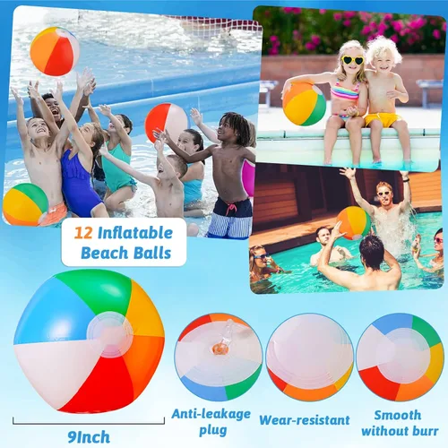 Miniatura 2 de SCIONE Paquete de 12 pelotas de playa inflables de 9 pulgadas para niños, juegos de agua de verano, temática tropical hawaiana, decoraciones