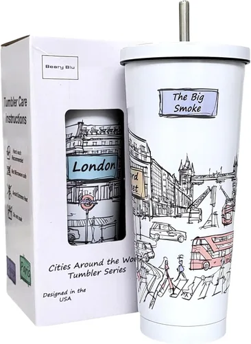 Miniatura 10 de Cities Around the World - Serie de vasos de 25 onzas – Diseñado en los Estados Unidos, vaso aislado al vacío con tapas y pajilla, taza de acero