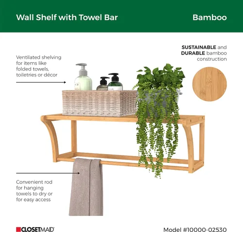 Miniatura 5 de ClosetMaid Estante de pared de bambú con toallero, estantes de almacenamiento de montaje en pared, estante organizador, acabado natural