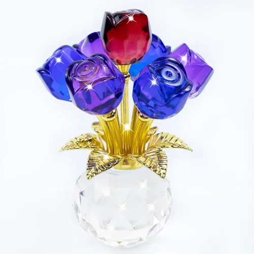 Miniatura 18 de Figura de flor de rosa de cristal con jarrón redondo, flores de cristal, flores de vidrio con tallos, figura de cristal de rosa de cristal, regalos