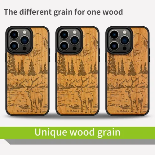 Miniatura 7 de Carveit Funda magnética de madera para iPhone 14 Pro, madera natural y TPU suave negro, funda protectora a prueba de golpes, funda de madera única