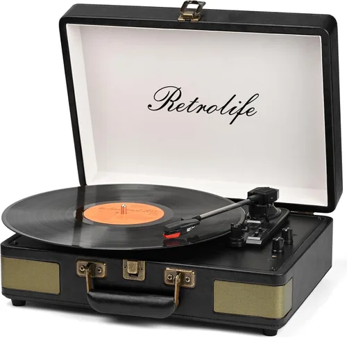 Retrolife Reproductor de Discos de 3 Velocidades Bluetooth Portátil Estilo Maleta Reproductor de Vinilo con Altavoces Incorporados Tocadiscos Sonido