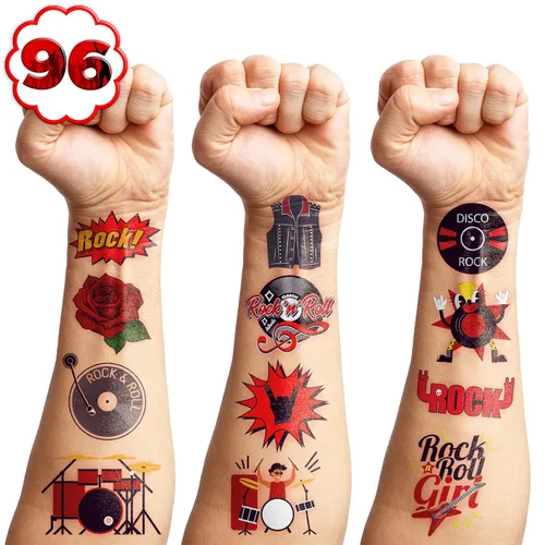 Miniatura 6 de Calcomanías de tatuajes temporales de rock para niños, niñas y adultos, 60 tatuajes temáticos de bandas musicales con guitarras, tambores, pernos