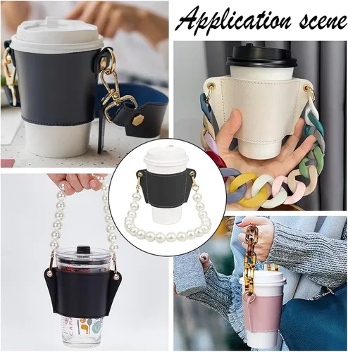 Miniatura 6 de WADORN Funda reutilizable de piel sintética con asa de perla, soporte portátil para taza de café con cadena extraíble para taza de bebidas Negro