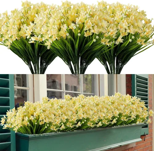 Miniatura 10 de 4 paquetes de flores artificiales de narcisos, vegetación artificial falsa resistente a los rayos UV, no se decolora, plantas de plástico sintético