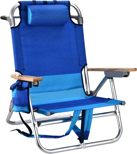 Silla de playa tipo mochila para adultos, capacidad de 300 libras, silla de playa baja de 5 posiciones con correas de bolsa, plegable, ligera,