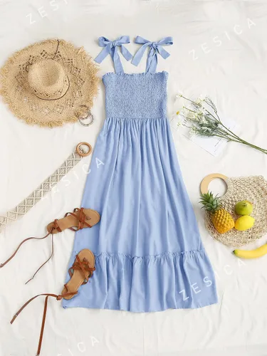 Miniatura 4 de ZESICA Women's 2023 Summer Boho Spaghetti Strap Square Neck Solid Color Ruffle A Line Beach Long Maxi Dress