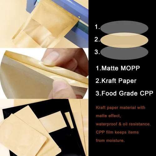 Miniatura 5 de 100 bolsas resellables, bolsas de papel kraft verticales con ventana mate, bolsas de almacenamiento de alimentos con cierre de cremallera