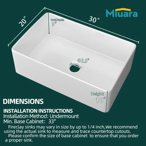 Miniatura 3 de Miuara Fregadero de Granja 30 Pulgadas - Fregadero de Cocina Delantal Blanco Montado Inferior Reversible 30"x20"x10", Estilo Casa de Granja Tazón