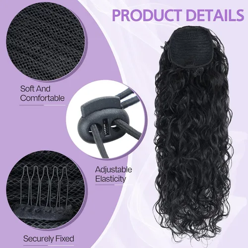 Miniatura 3 de Icono de la moda - Extensión de cola de caballo rizada ondulada con clip, cabello real, cola de caballo negra, extensiones de cordón con clip