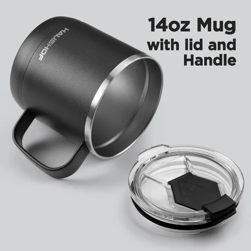 Miniatura 4 de HAUSHOF Taza de café de 14 onzas, taza de café aislada con asa, taza de viaje para camping, taza de café portátil de acero inoxidable, tazas de café
