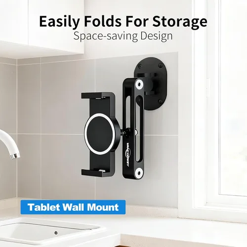 Miniatura 2 de soporte de pared para iPad, giratorio y basculante, soporte de pared para tableta de aluminio, base de rotación 360°, ajustable y plegable