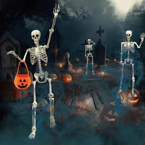 Miniatura 5 de CAMIRUS Esqueleto de Halloween de 5.4 pies/65.0 in, esqueleto de tamaño real con bolsa de calabaza de araña peluda, huesos humanos de cuerpo